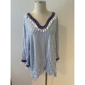 Ruby Rd. Woman 3X Blue White Stripe Tunic Top Tassel Trim Boho Beach Blouse